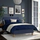 Blue RENFJÄLLET bed with navy bedding, two nightstands, art.