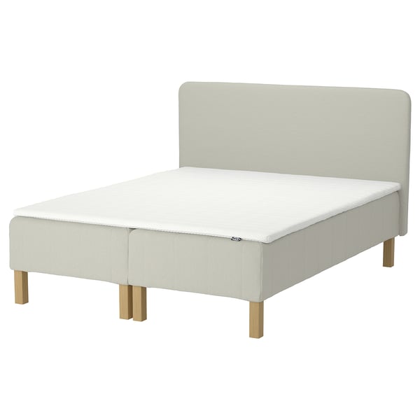 RENFJÄLLET bed base: light grey, wooden legs, all-in-one with pocket springs, versatile design.