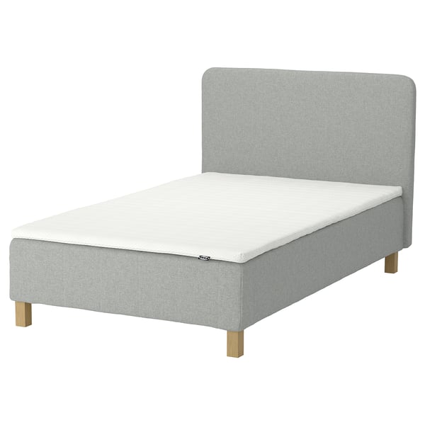 RENFJÄLLET bed, light grey, upholstered, rectangular, simple headboard.