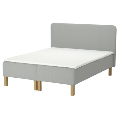 RENFJÄLLET bed in light grey fabric, upholstered headboard, wooden legs.