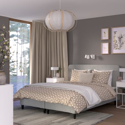 RENFJÄLLET Pocket spring mattress base, incl leg, mattress pad and headboar firm/Tibbleby beige/grey Nisseholm, 160x200 cm