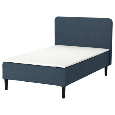 The RENFJÄLLET bed in dark blue with black legs and a white mattress.