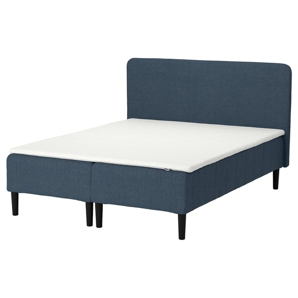 Blue fabric bed with white mattress, wooden legs, firm comfort, easy assemble.
