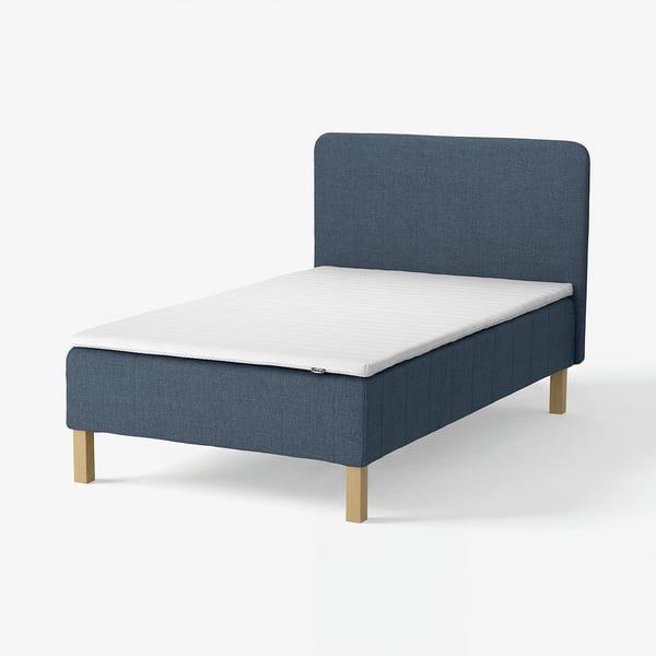 RENFJÄLLET Pocket spring mattress base, incl leg, mattress pad and headboar medium firm/Kilanda dark blue Nisseholm, 120x200 cm
