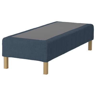 The RENFJÄLLET bed base is a blue, rectangular, upholstered platform with wooden legs, designed for easy assembly and motion isolation.