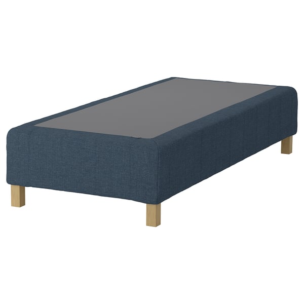 A RENFJÄLLET bed base in blue fabric with wooden legs. Its rectangular, padded, and designed for comfort with pocket springs.