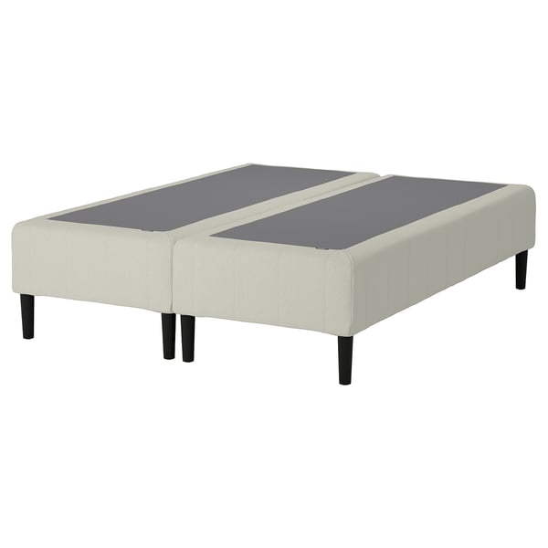 RENFJÄLLET bed base: cream, upholstered, rectangular, four wooden legs.