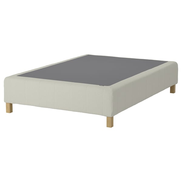 The RENFJÄLLET bed base is off-white with wooden legs, featuring a padded design.