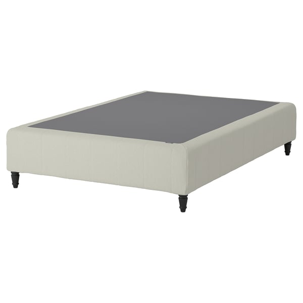 RENFJÄLLET bed base, white, fabric, rectangular, modern design, grey interior, 4 wooden legs.