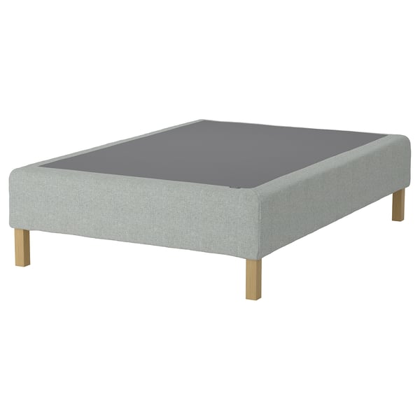 A light grey RENFJÄLLET bed base with wooden legs.