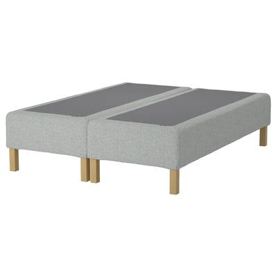 RENFJÄLLET bed frame, light grey, upholstered with wooden legs, divided into two sections.