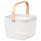 Option: A white RISATORP basket with a wooden handle. Its made of steel and aluminum, designed for storage with a clear mesh pattern.