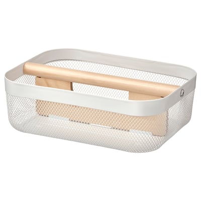 RISATORP storage basket, white, mesh and wood, rectangular, two compartments.