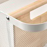 Close-up of stylish storage basket with wooden divider and metal mesh, showcasing high-quality materials and design.