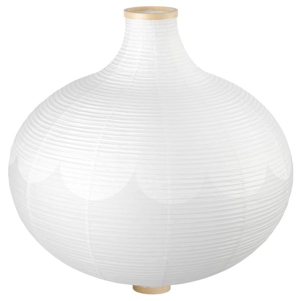 White, rice paper lamp with golden top and base, ovoid shape, textured design.