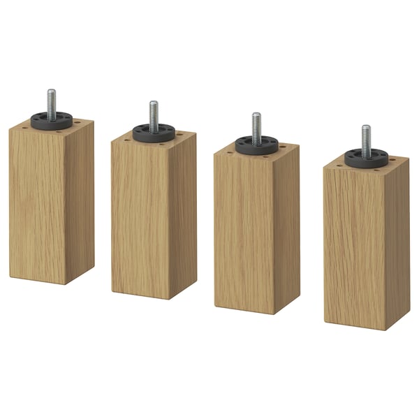 Four wooden square furniture legs with black adjustable screws. Simple, natural design.