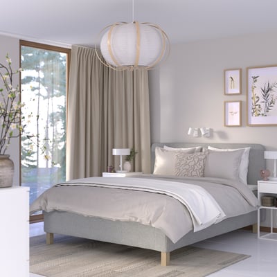 RISHÖJDEN Pocket spring mattress bse, 7 zones, incl leg and headboard firm/Tibbleby beige/grey, 180x200 cm