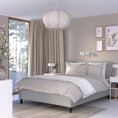 Modern RISHÖJDEN bed with headboard, pendant light, beige curtains, art, nightstands, and plant.