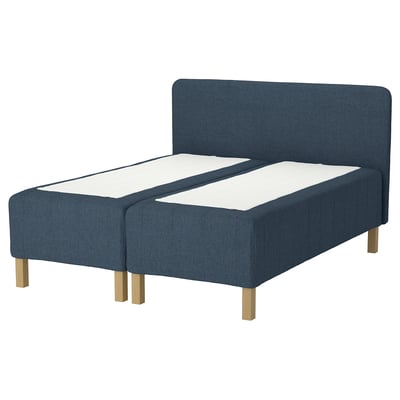 Blue RISHÖJDEN bed, wooden legs, padded headboard, rectangular shape.