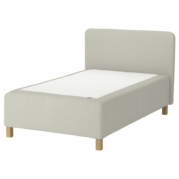 RISHÖJDEN bed: cream, fabric, rectangular, upholstered headboard, wooden legs.