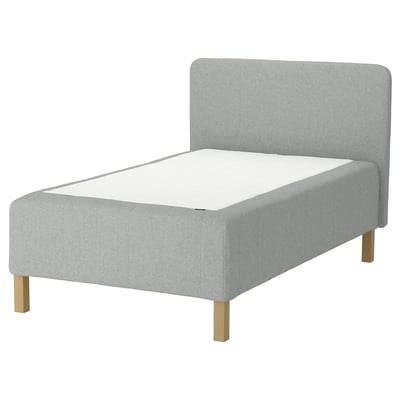 RISHÖJDEN bed, light grey, upholstered fabric, rectangular, simple design, wooden legs.