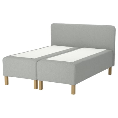 RISHÖJDEN twin bed, light grey, fabric & wood, simple design, upholstered headboard, solid wooden legs.