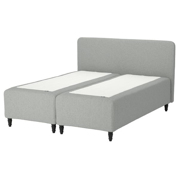 RISHÖJDEN grey bed with 7-zone pocket springs, soft upholstered headboard, wooden legs.