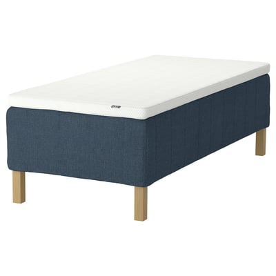 RISHÖJDEN bed, white and blue, upholstered, rectangular with wooden legs.