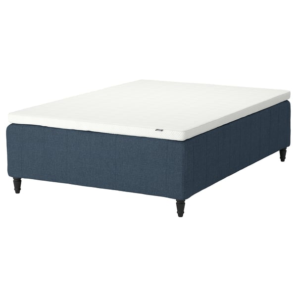 Blue RISHÖJDEN mattress on base, upholstered, rectangular with wooden legs.