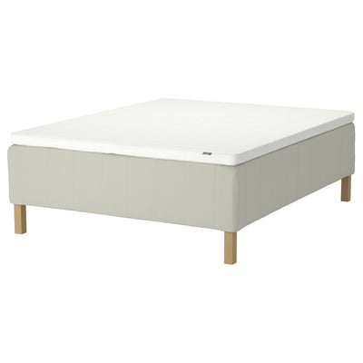 RISHÖJDEN mattress base: light beige, upholstered, wooden legs, square.