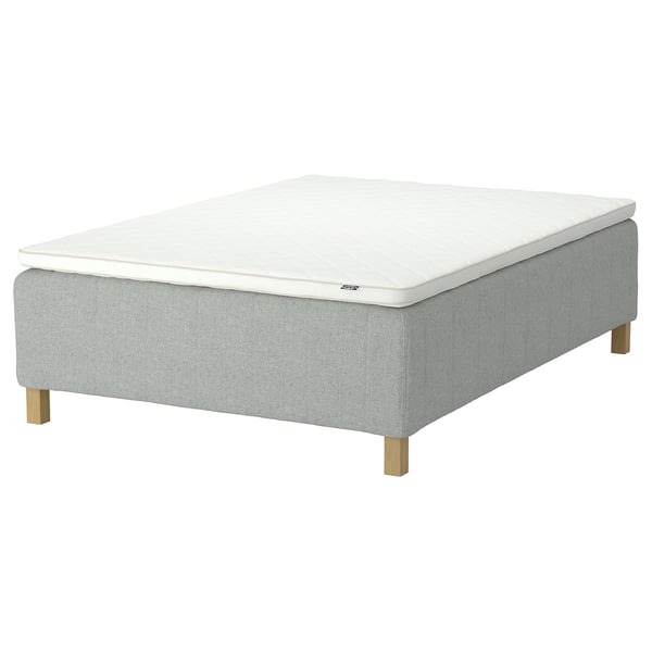 RISHÖJDEN bed, light grey, upholstered with wooden legs, rectangular mattress.