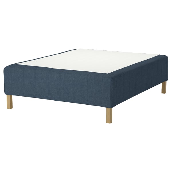 RISHÖJDEN mattress base, blue, wooden legs, rectangular, upholstered, firmer edges.