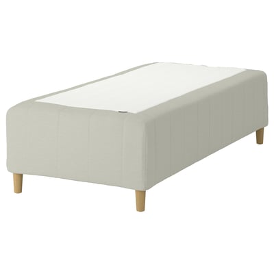 RISHÖJDEN bed base, white, upholstered fabric, rectangular, wood legs.