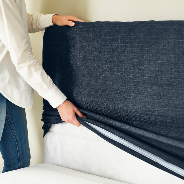 RISHÖJDEN Pocket spring mattress bse, 7 zones, incl leg, mattress pad and headboar firm/Kilanda dark blue Norrsele, 180x200 cm