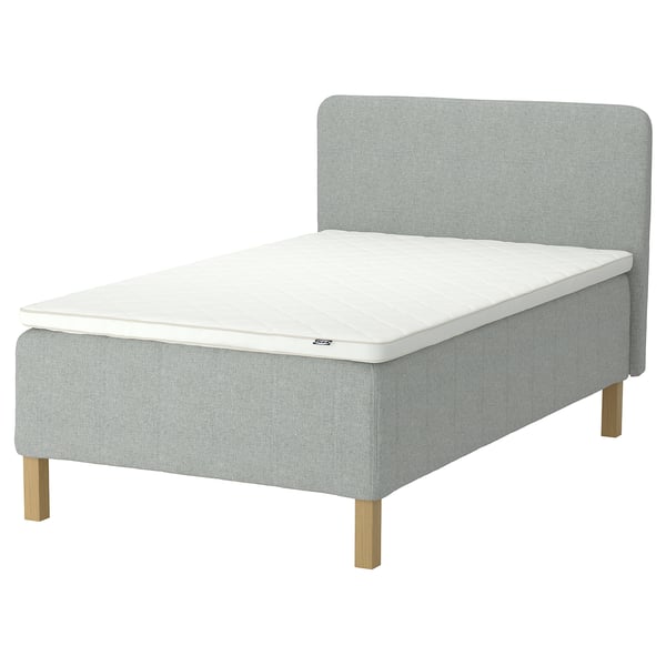 RISHÖJDEN bed: grey, fabric, rectangular, padded headboard, wooden legs.