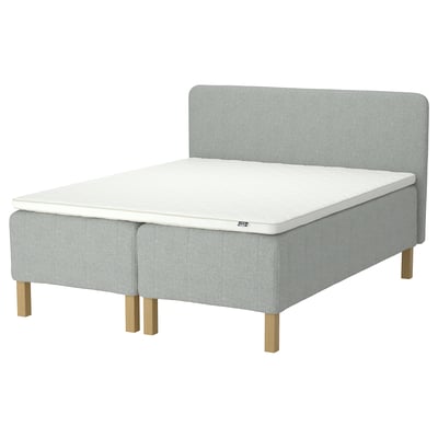 RISHÖJDEN bed: grey, upholstered with light grey fabric, wooden legs, foam mattress, headboard.