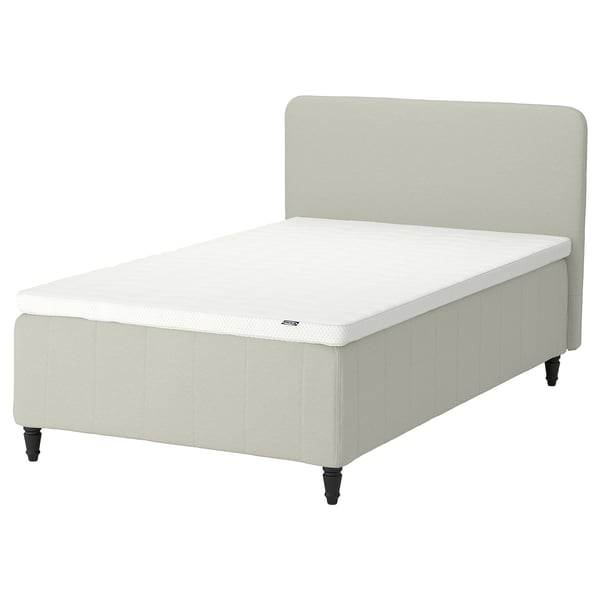 RISHÖJDEN bed: light grey, upholstered with beige fabric, rectangular shape, four black legs, soft headboard.