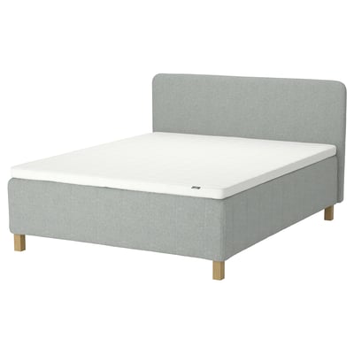 Rishojden bed: light grey, fabric-upholstered frame, wooden legs, rectangular, modern design.