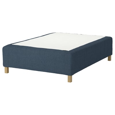RISHÖJDEN: blue fabric mattress base with wooden legs, designed for comfort and support.