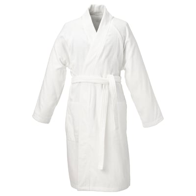 White ROCKÅN bathrobe, full-length, terry cotton, pockets, adjustable belt.