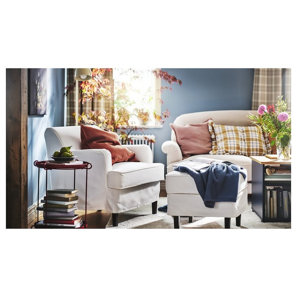 ROCKSJÖN Armchair with footstool, Blekinge white