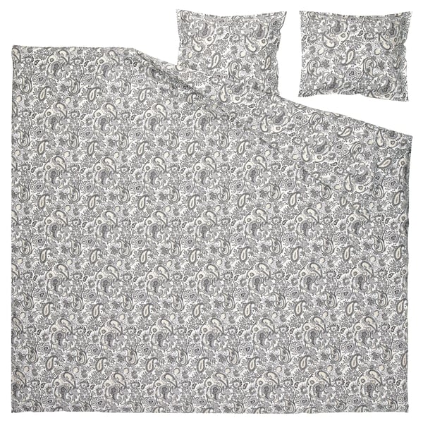 Paisley bedding set with duvet and pillows, gray, cotton, rectangular, intricate swirl design.