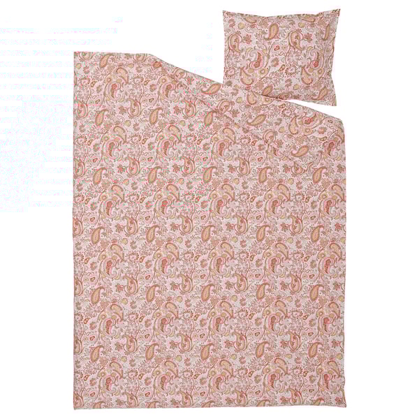 RODGERSIA duvet set in peach paisley pattern. Soft cotton-viscose blend, rectangular shape with intricate floral designs.