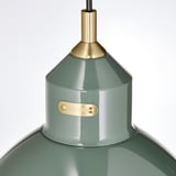 Modern green pendant lamp with gold accents & 16w label.
