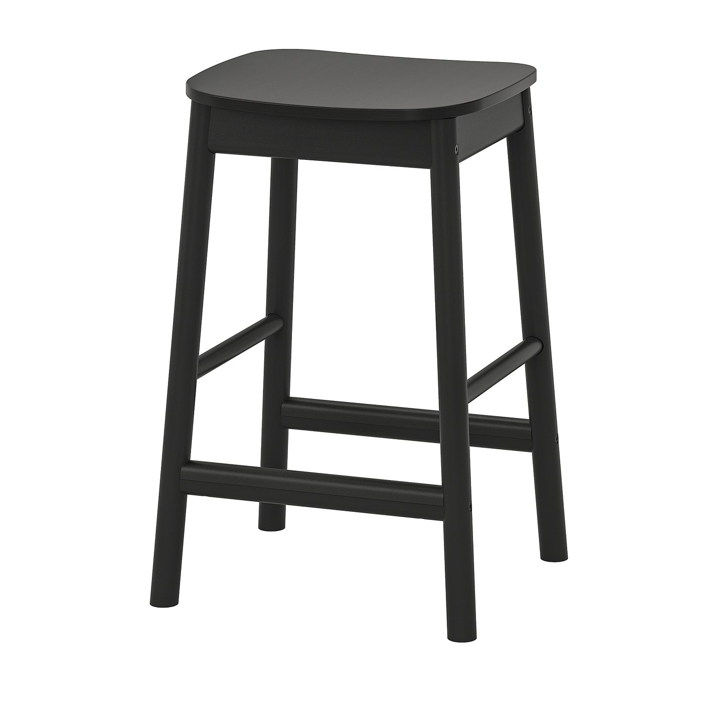 Black bar stool with square seat, four legs, and crossrail, RÖNNINGE, modern design.