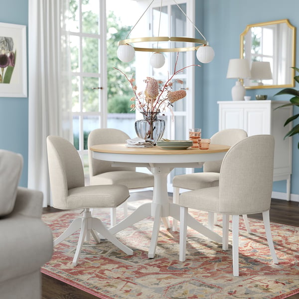 ROSENTORP dining set: extendable table, 4 light chairs, blue room.
