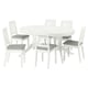White ROSENTORP dining set: oval table, 6 chairs. Chairs have gray cushions, wooden backs. Table extends for more seating.