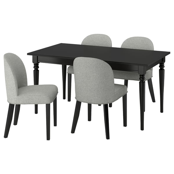 This image shows a black ROSENTORP dining set, featuring a rectangular table and four grey fabric chairs.