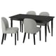This image shows a black ROSENTORP dining set, featuring a rectangular table and four grey fabric chairs.