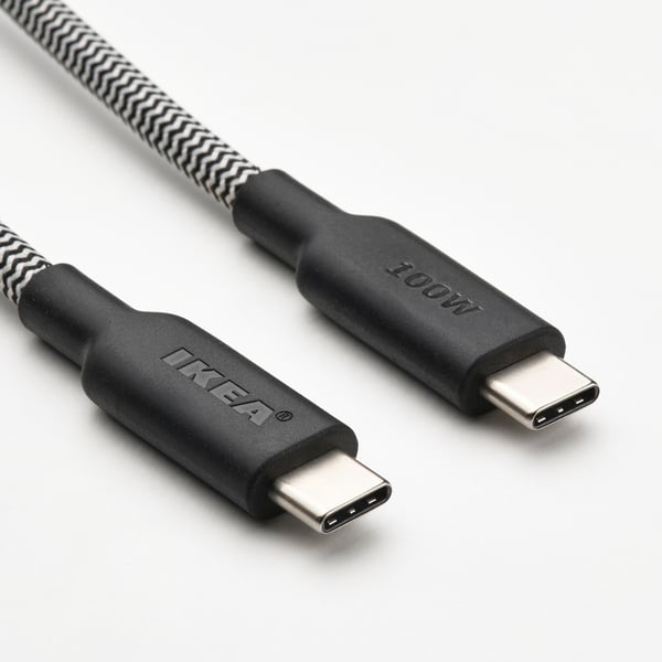 Black usb-c cable with ikea branding, featuring durable, flexible connectors and a zigzag-patterned textile cord.